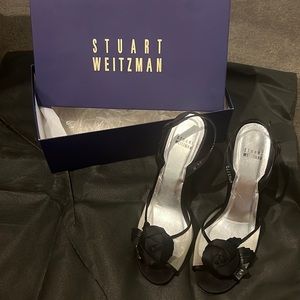 Stuart Weitzman black sling back rose detail sandal